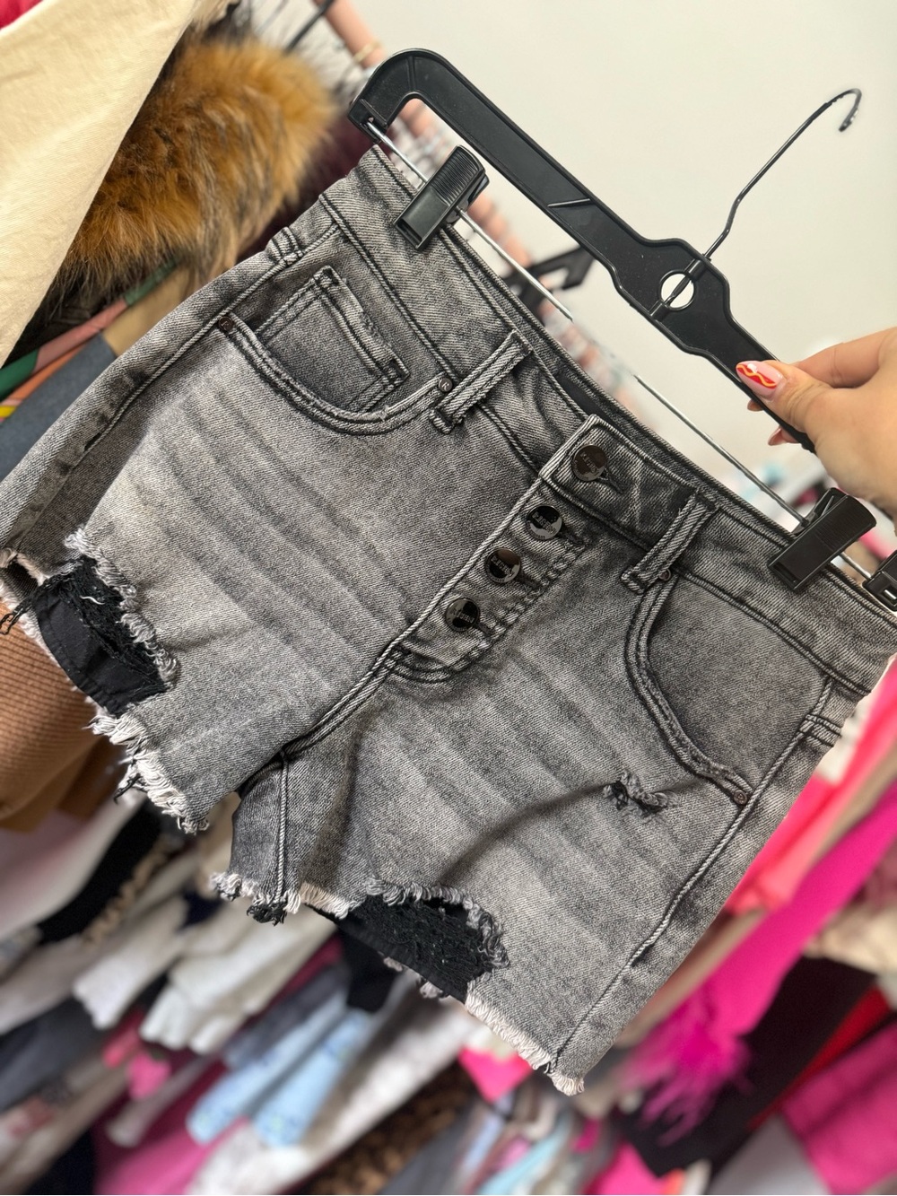 Distressed High-Rise Grey Denim Shorts